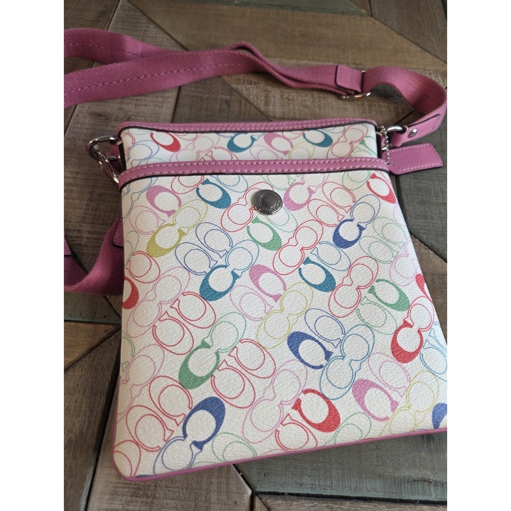 COACH Pink and Multicolor Signature Rainbow Swingpack Crossbody‎ File Bag - Picture 2 of 8